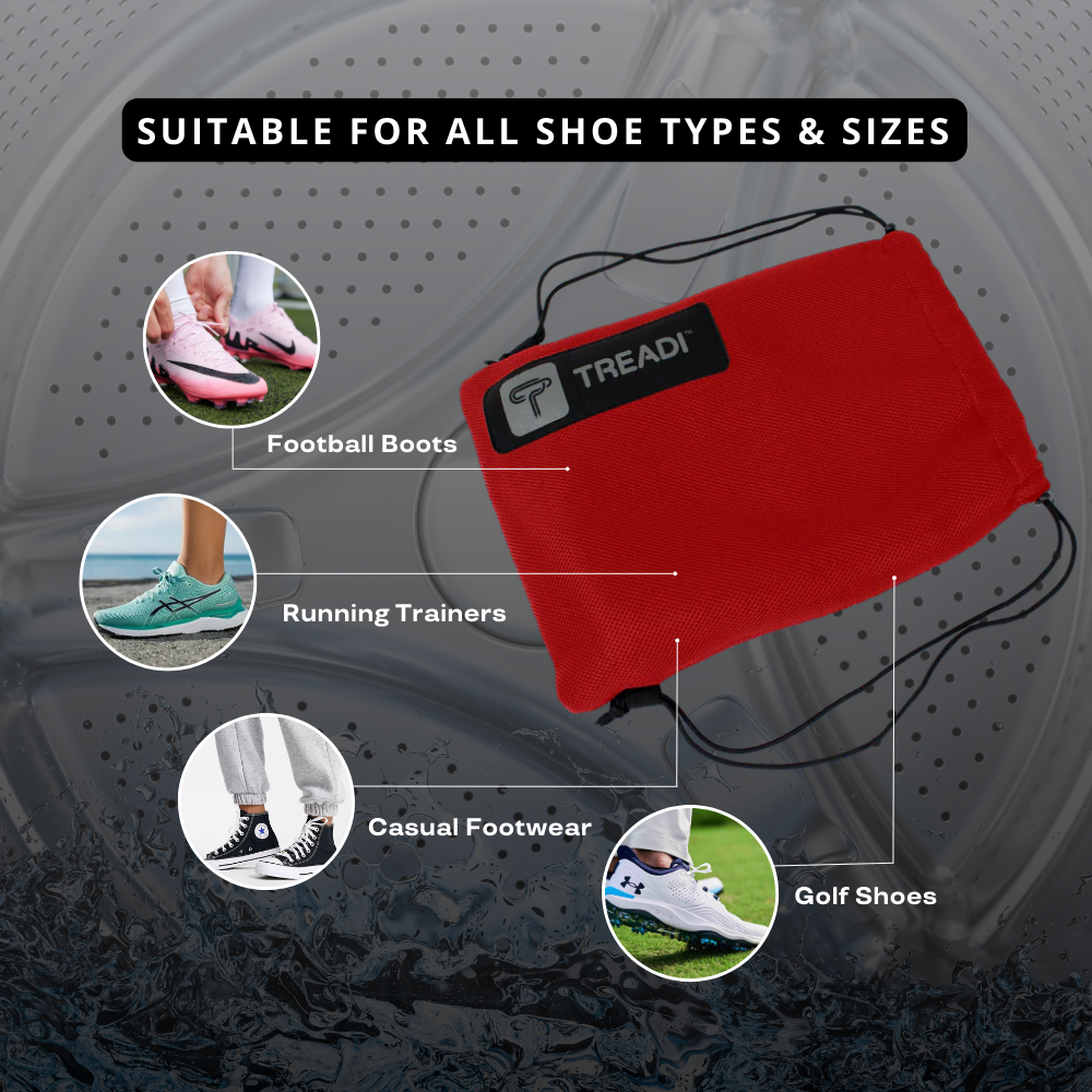 Red shoe care device with 'Treadi' branding on a gray background, showing compatibility with various shoe types.