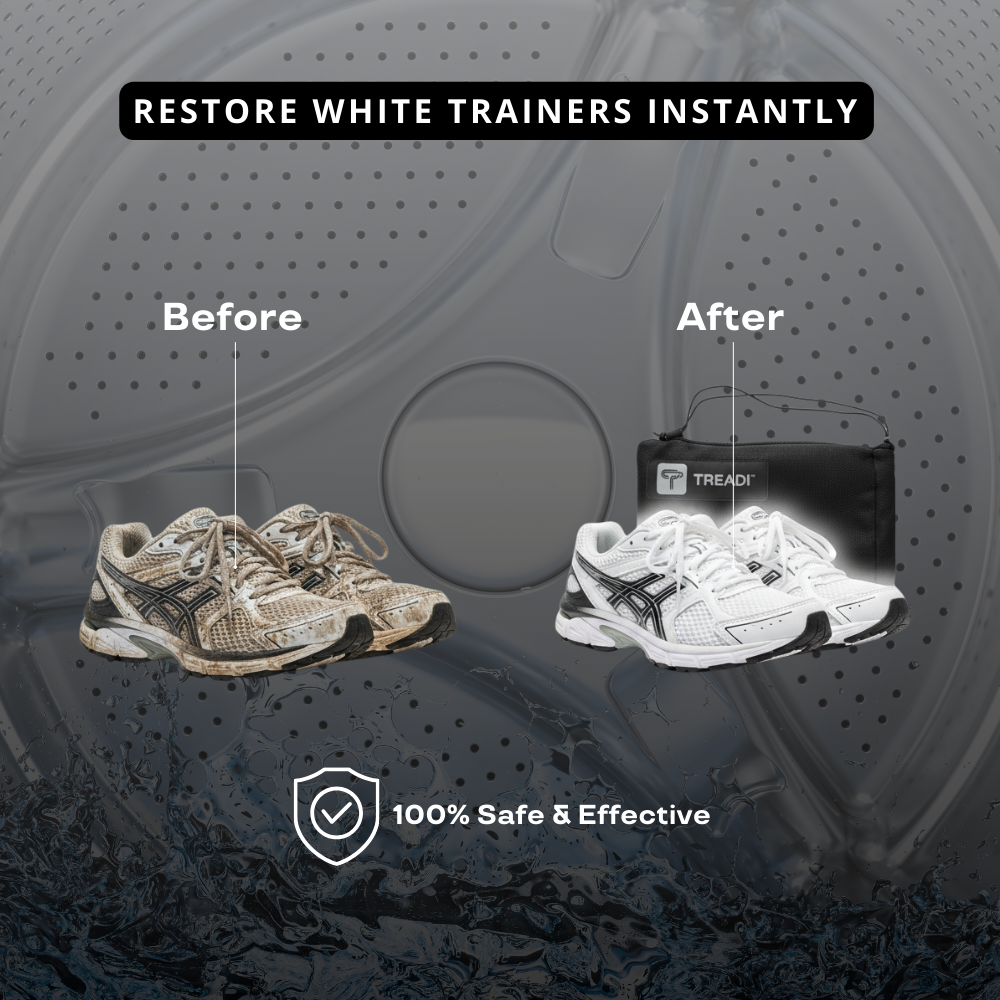 Before and after comparison of white trainers with text indicating restoration and effectiveness.