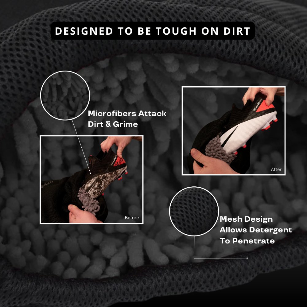 Textured surface with microfiber cleaning action and shoe cleaning demonstration.