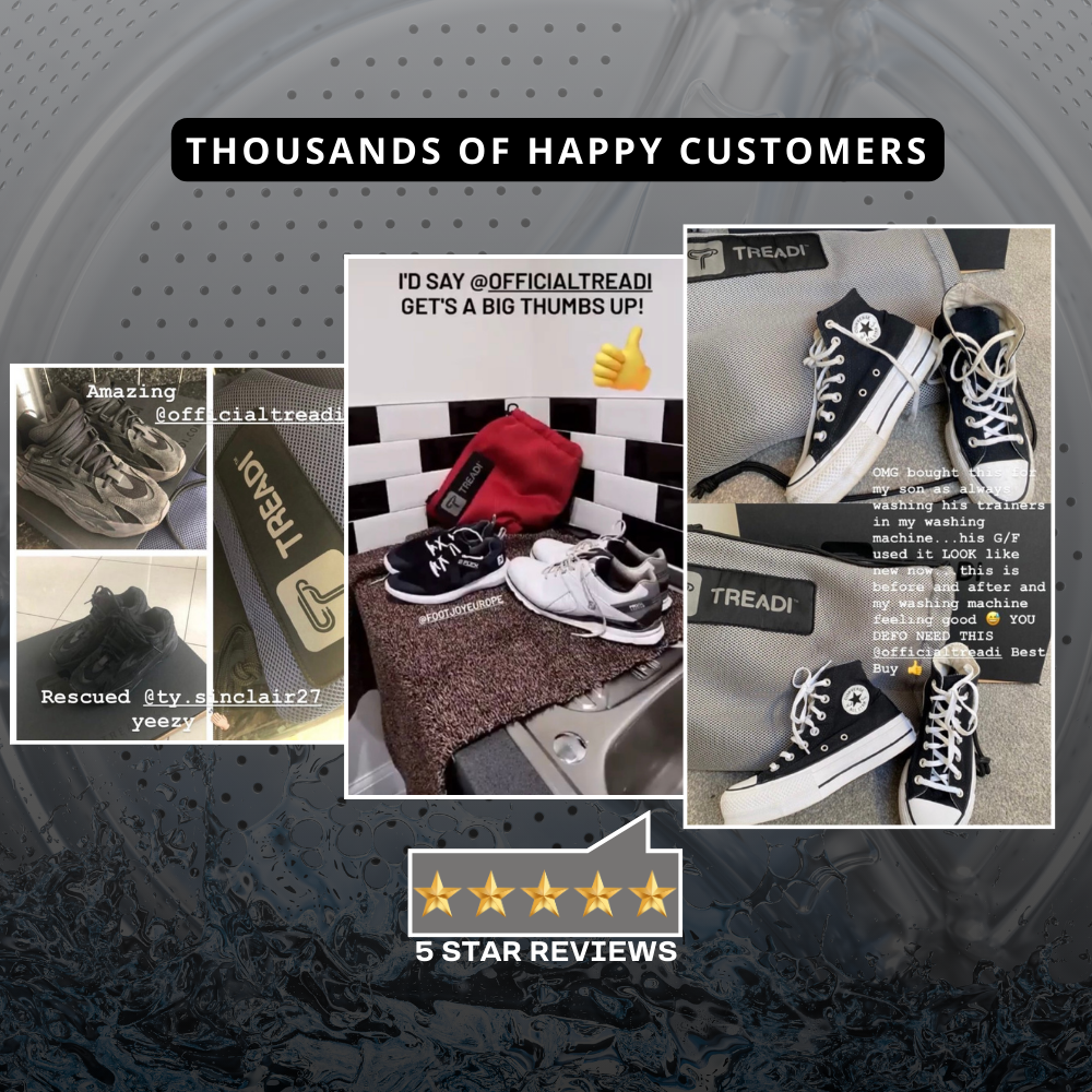 Promotional graphic with customer reviews and images of black and white sneakers on a dark background.